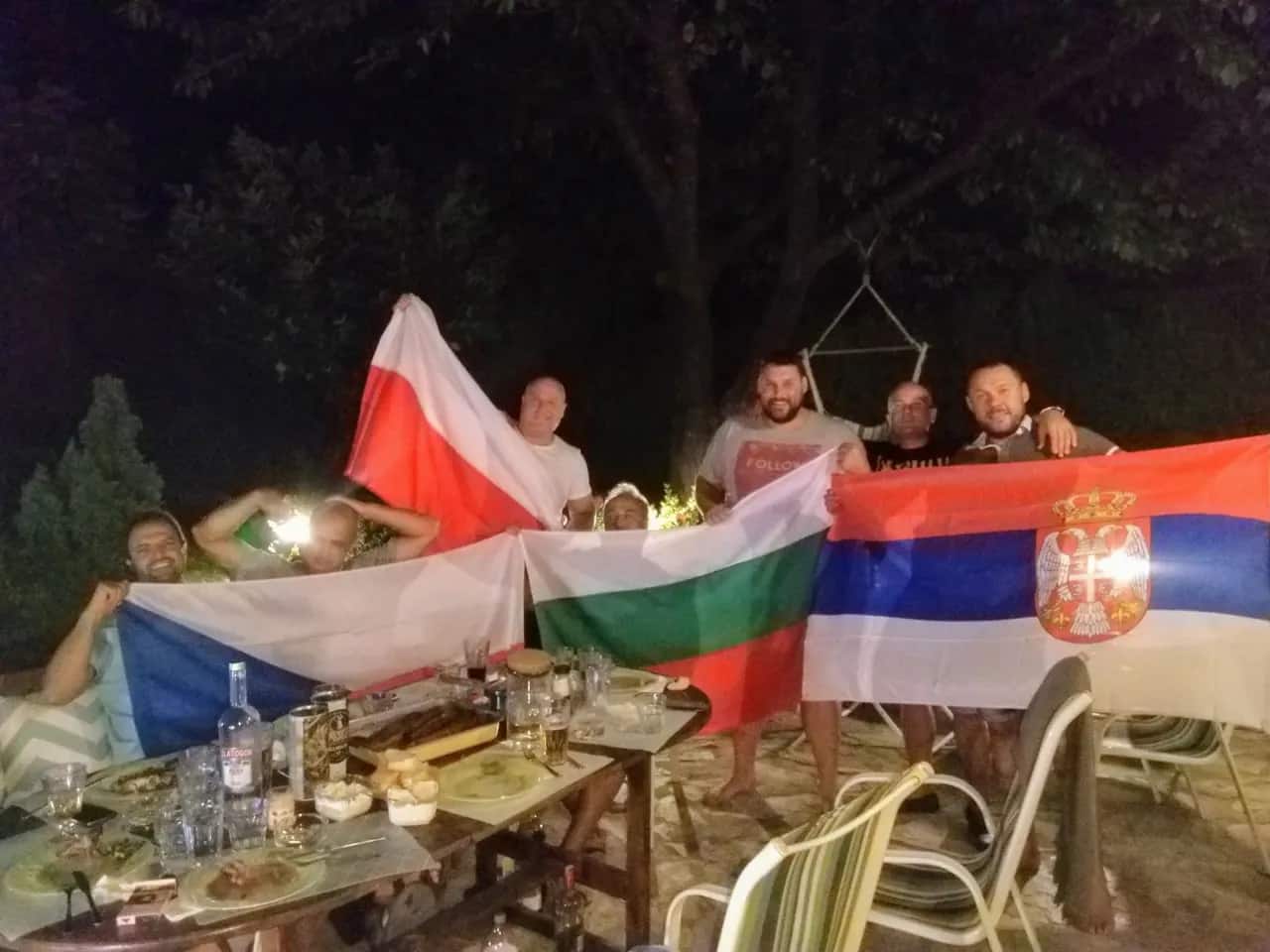 Dinner with the teams — the flags of Czechia, Poland, Bulgaria and Serbia