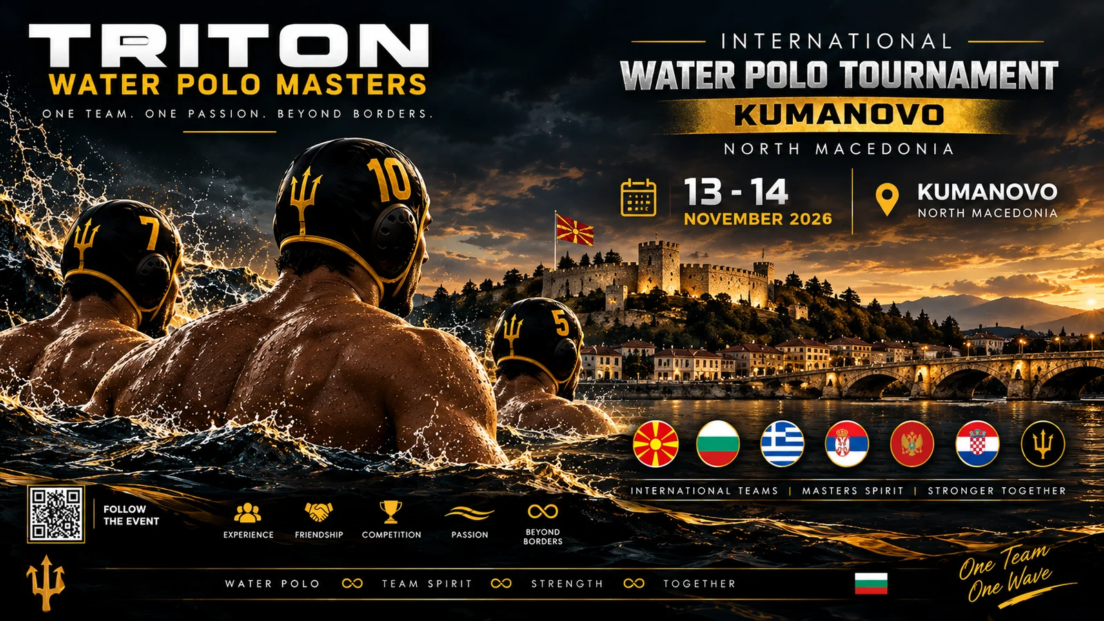 Плакатът на Triton Masters за турнира в Куманово: трима състезатели с черни шапки с тризъбец във водата и надпис 13–14 ноември 2026